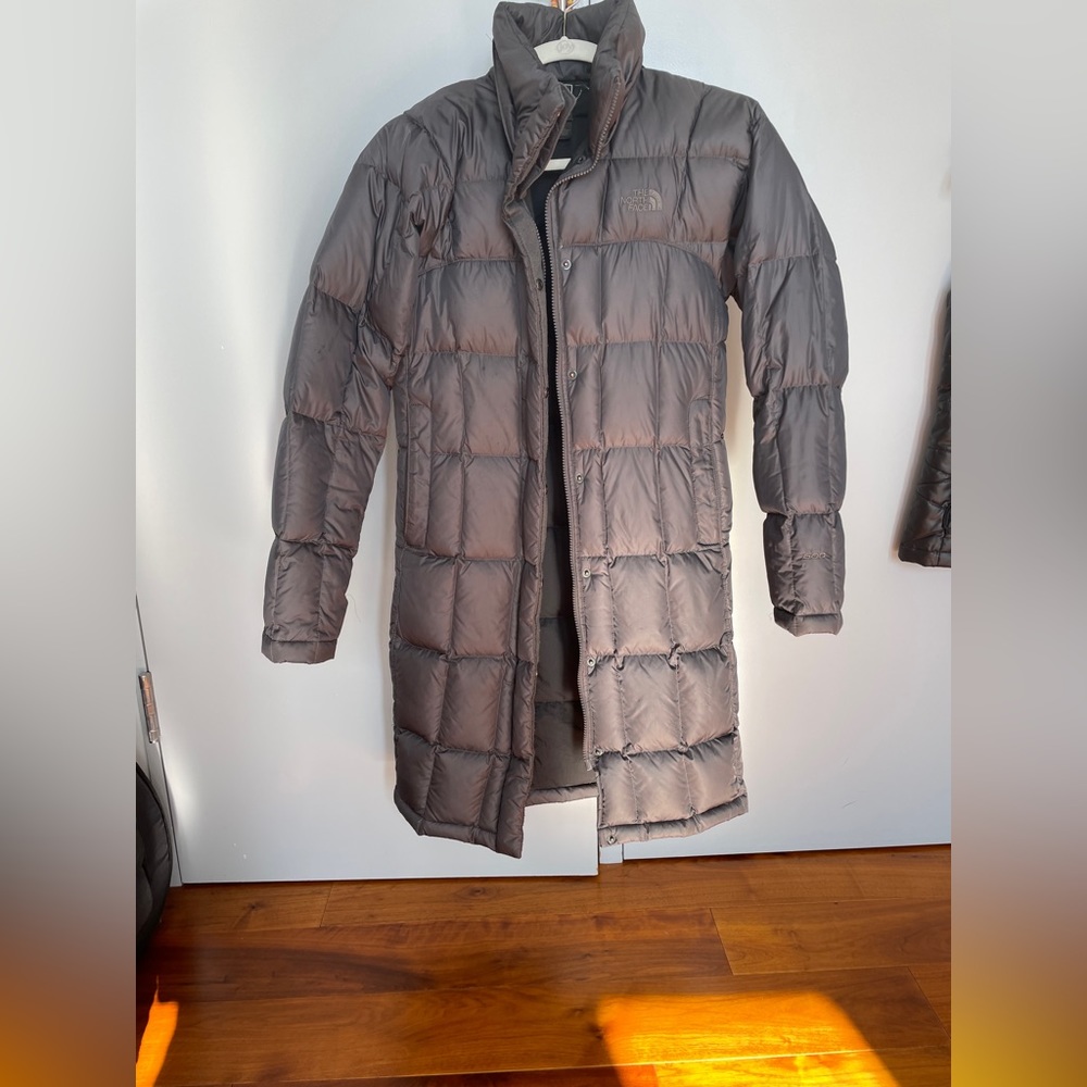 charcoal grey North Face long puffer coat